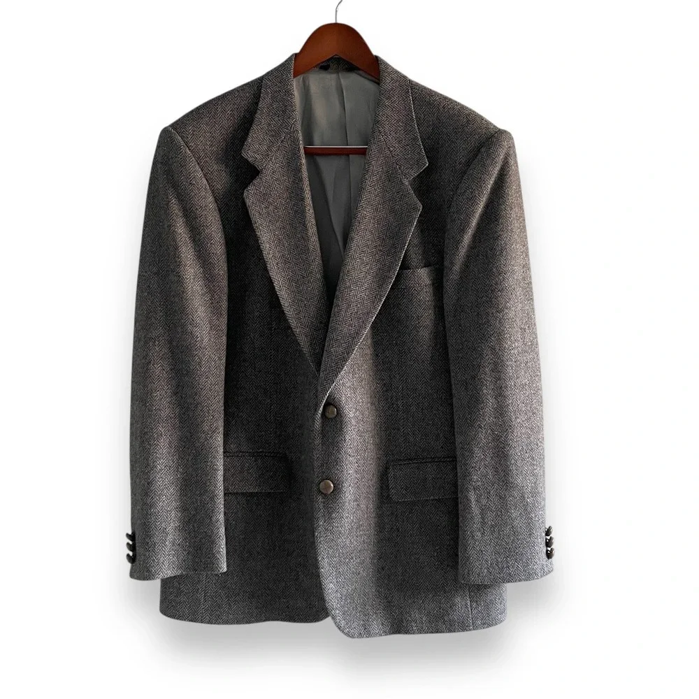 Farah Clothing Co Men's Herringbone Tweed‎ Blazer Sport Coat 100% Wool 42R Grey